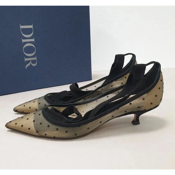 Christian Dior Black Mesh Suede D Polka Dot Pumps sz.38 - Picture 1 of 9
